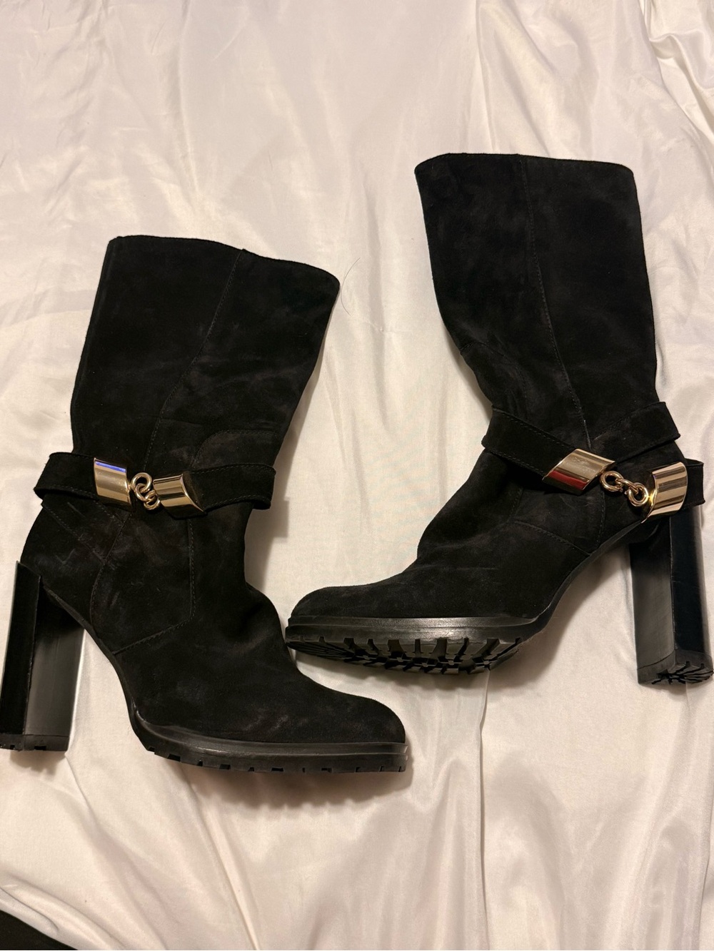 Stuart Weitzman Black Suede Mid-Calf Heeled Boots with Gold Hardware